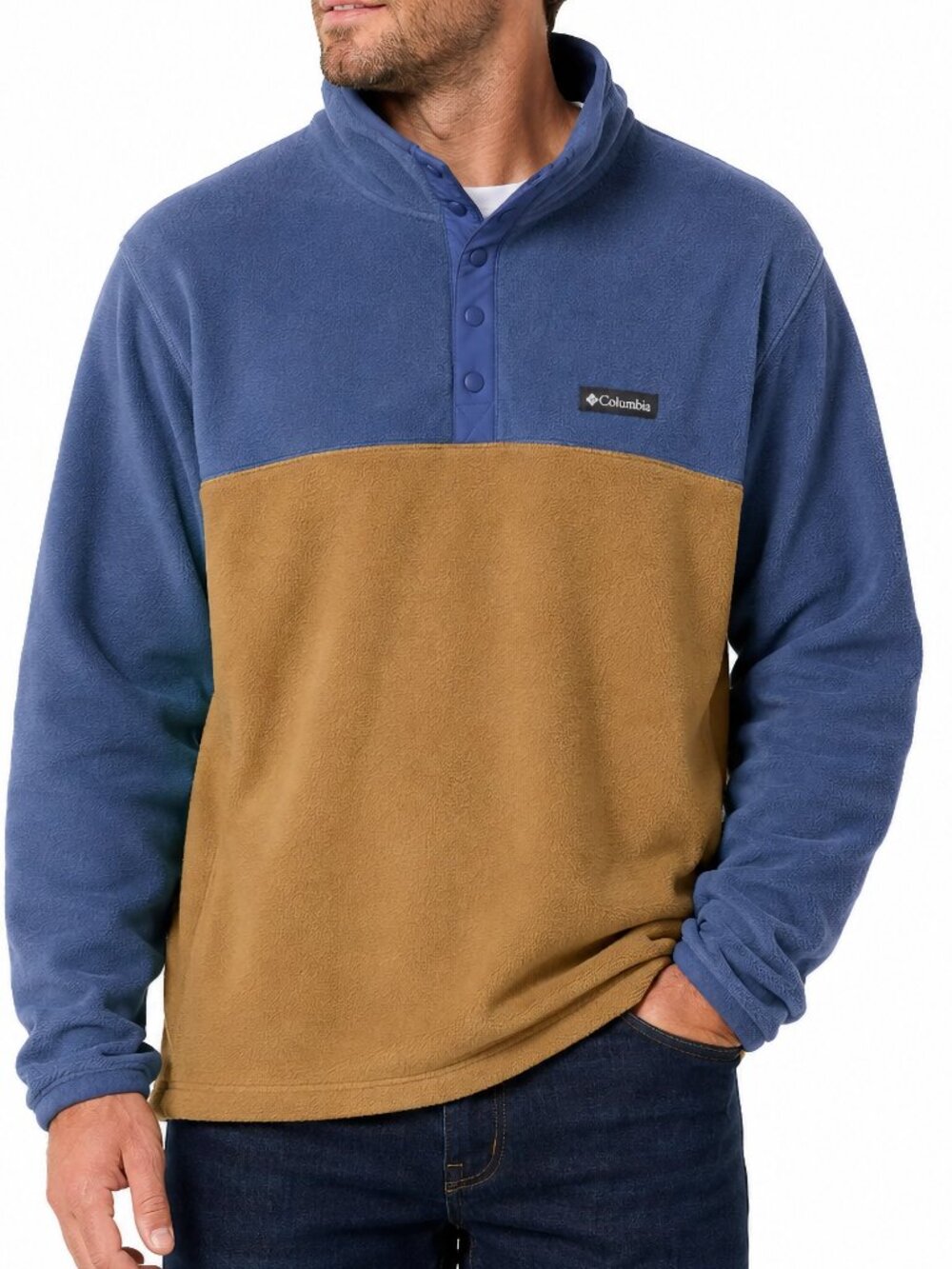Columbia Fleece Pullover XL Blue Tan Colorblock Snap Neck Sweater Gorpcore